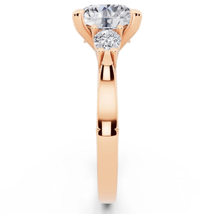 14 KT Rose Gold Round Cut Diamond Three Stone Pear Accent Vintage Pave Ring - side view