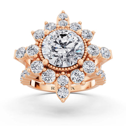 14 KT Rose Gold Round Cut Diamond Starburst Halo Ring - Front