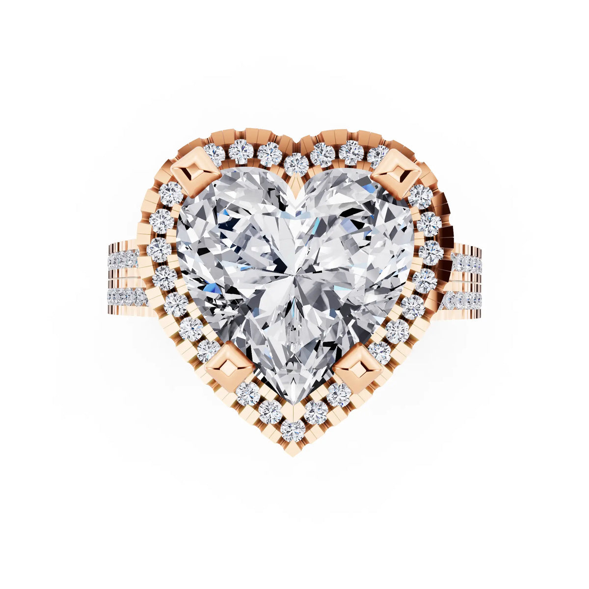 18 KT Rose Gold Heart Cut Diamond Halo Ring with Twin Pave Band - top angle