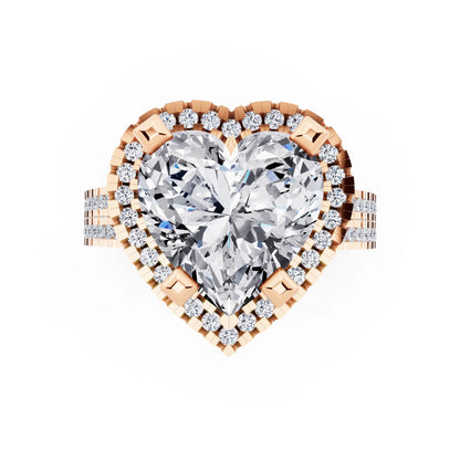 18 KT Rose Gold Heart Cut Diamond Halo Ring with Twin Pave Band - top angle