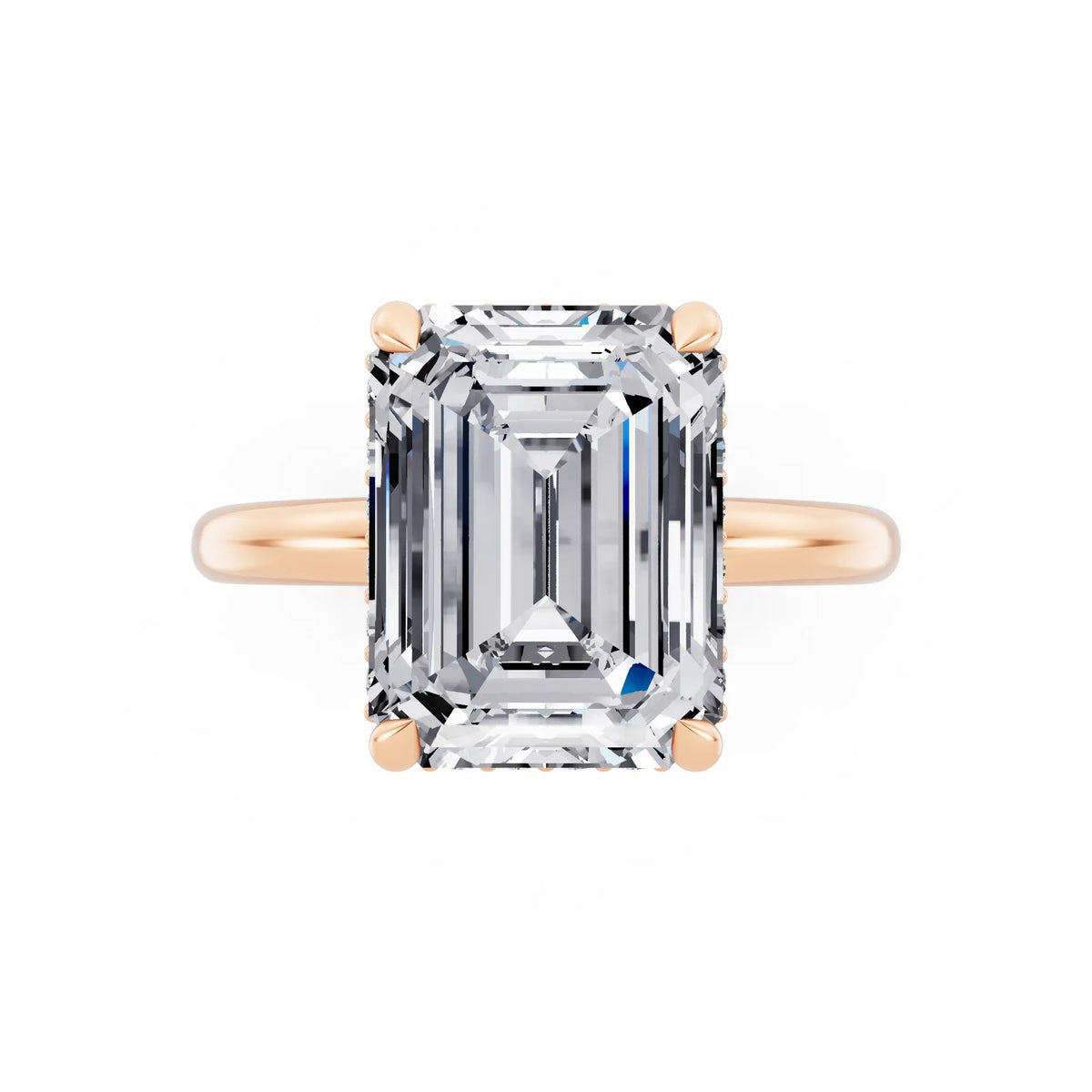 14 KT Rose Gold Emerald Cut Diamond Hidden Halo Solitaire Ring - top angle