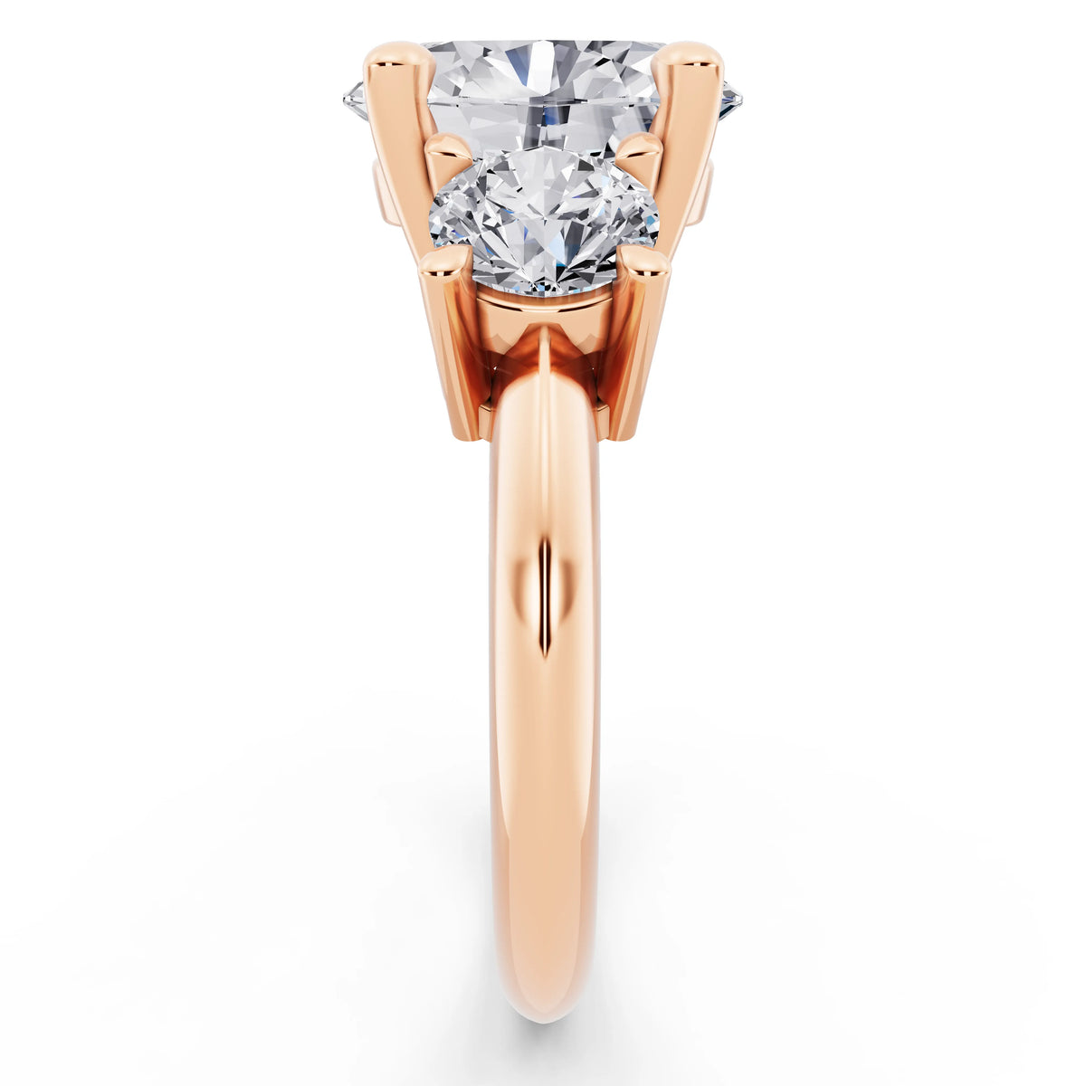 18 KT Rose Gold Oval Cut Diamond Three Stone Ring with Round Accents - side view
