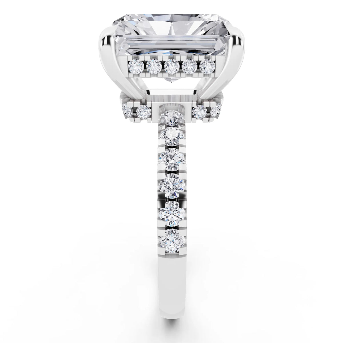 14 KT White Gold Radiant Cut Diamond Hidden Halo Tiger Prong Pave Band Ring - side view