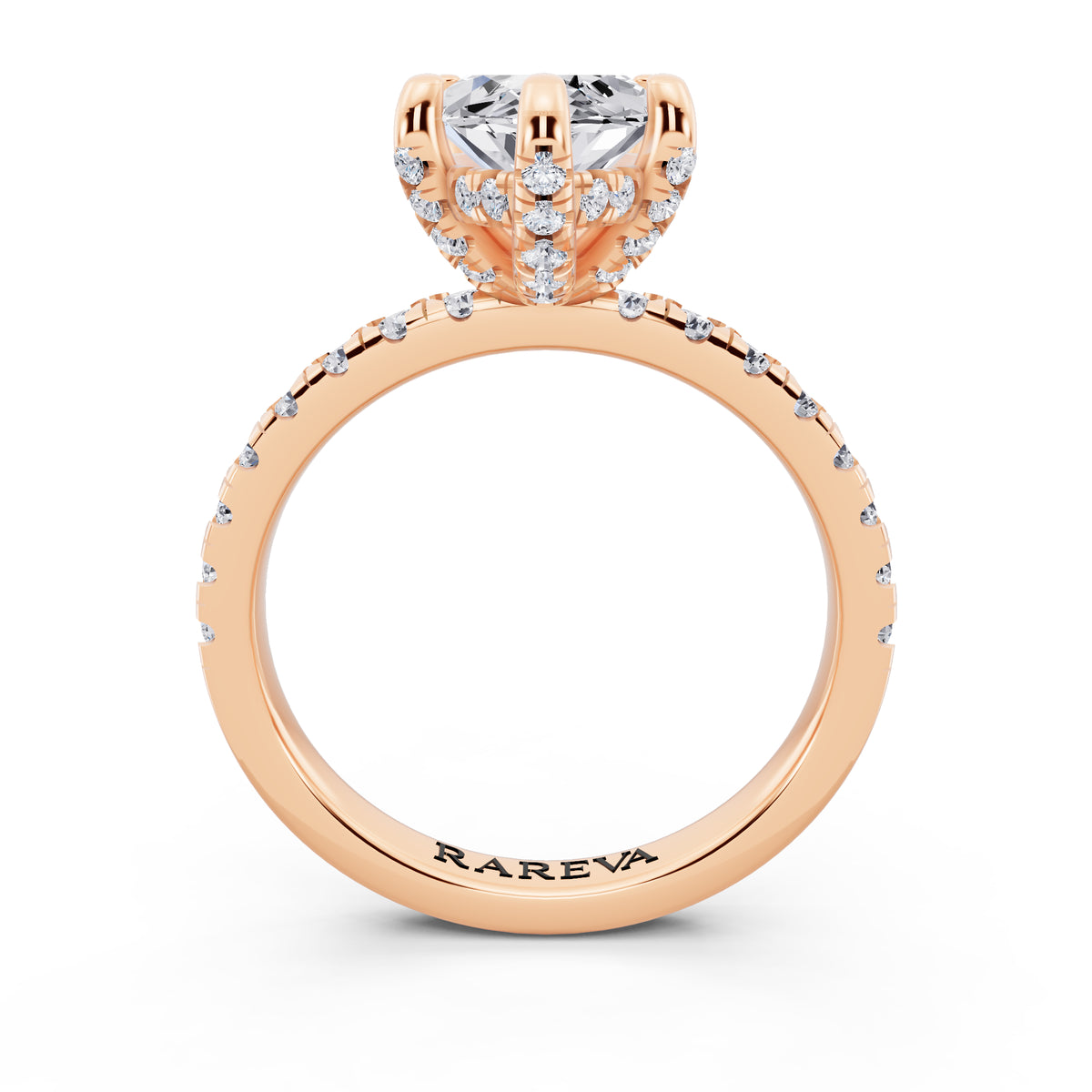 18 KT Rose Gold Marquise Cut Diamond Hidden Halo Ring with Pave Shank - through finger