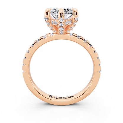 18 KT Rose Gold Marquise Cut Diamond Hidden Halo Ring with Pave Shank - through finger