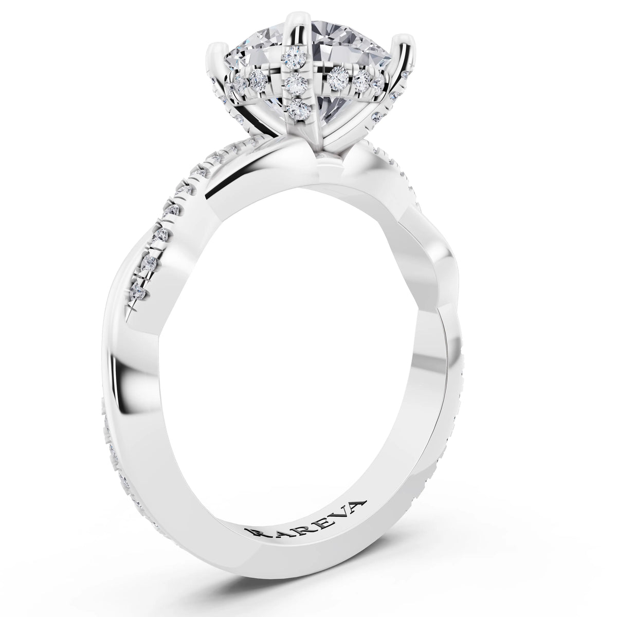 14 KT White Gold Round Cut Diamond Hidden Halo Ring with Twisted Pave Band - top view