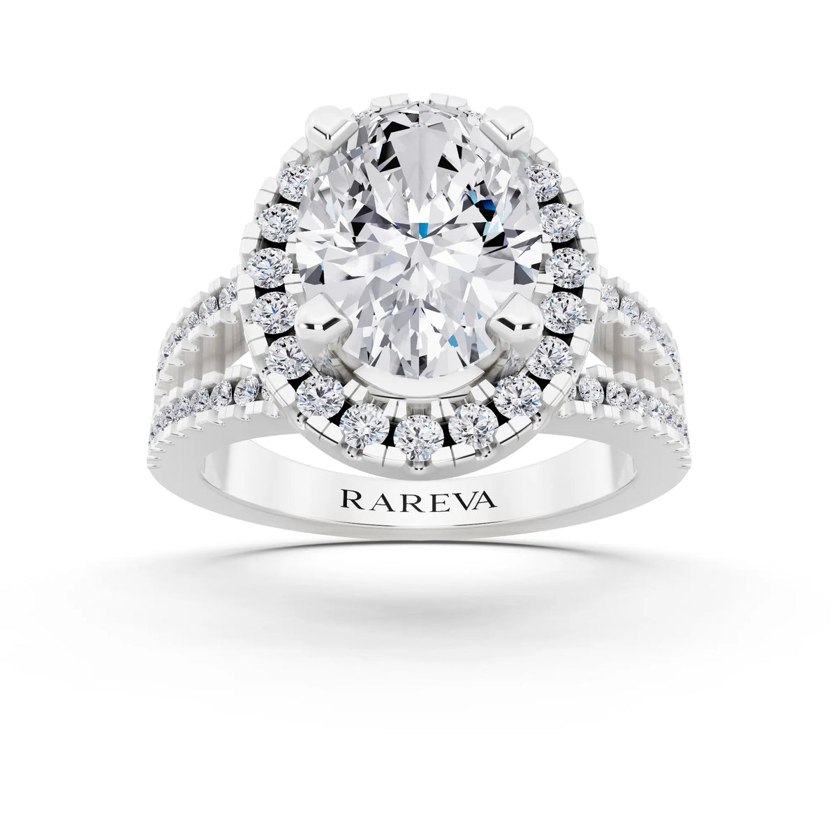 Platinum Oval Cut Diamond Halo Ring with Pave Split Shank - front view
