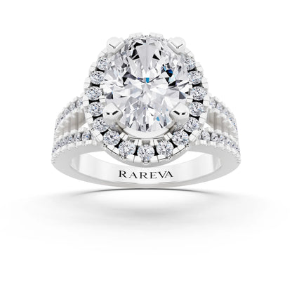 Platinum Oval Cut Diamond Halo Ring with Pave Split Shank - front view