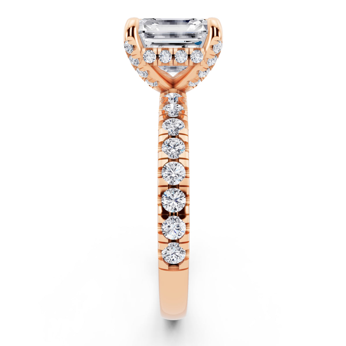 14 KT Rose Gold Asscher Cut Diamond Hidden Halo Ring with Pave Shank - side view