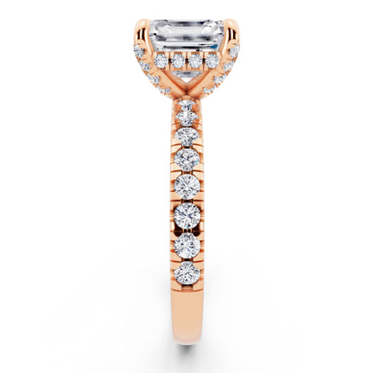 14 KT Rose Gold Asscher Cut Diamond Hidden Halo Ring with Pave Shank - side view