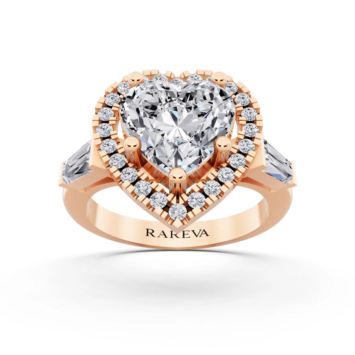 18 KT Rose Gold Heart Cut Diamond Halo Ring with Baguette Accents - front view
