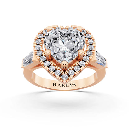 18 KT Rose Gold Heart Cut Diamond Halo Ring with Baguette Accents - front view