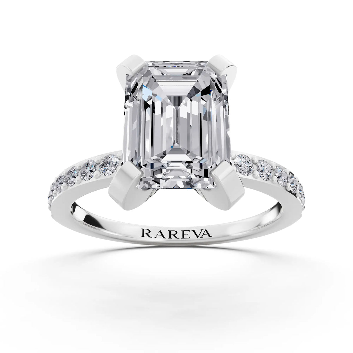 18 KT White Gold Emerald Cut Diamond Solitaire Ring with Pave Shank - front view