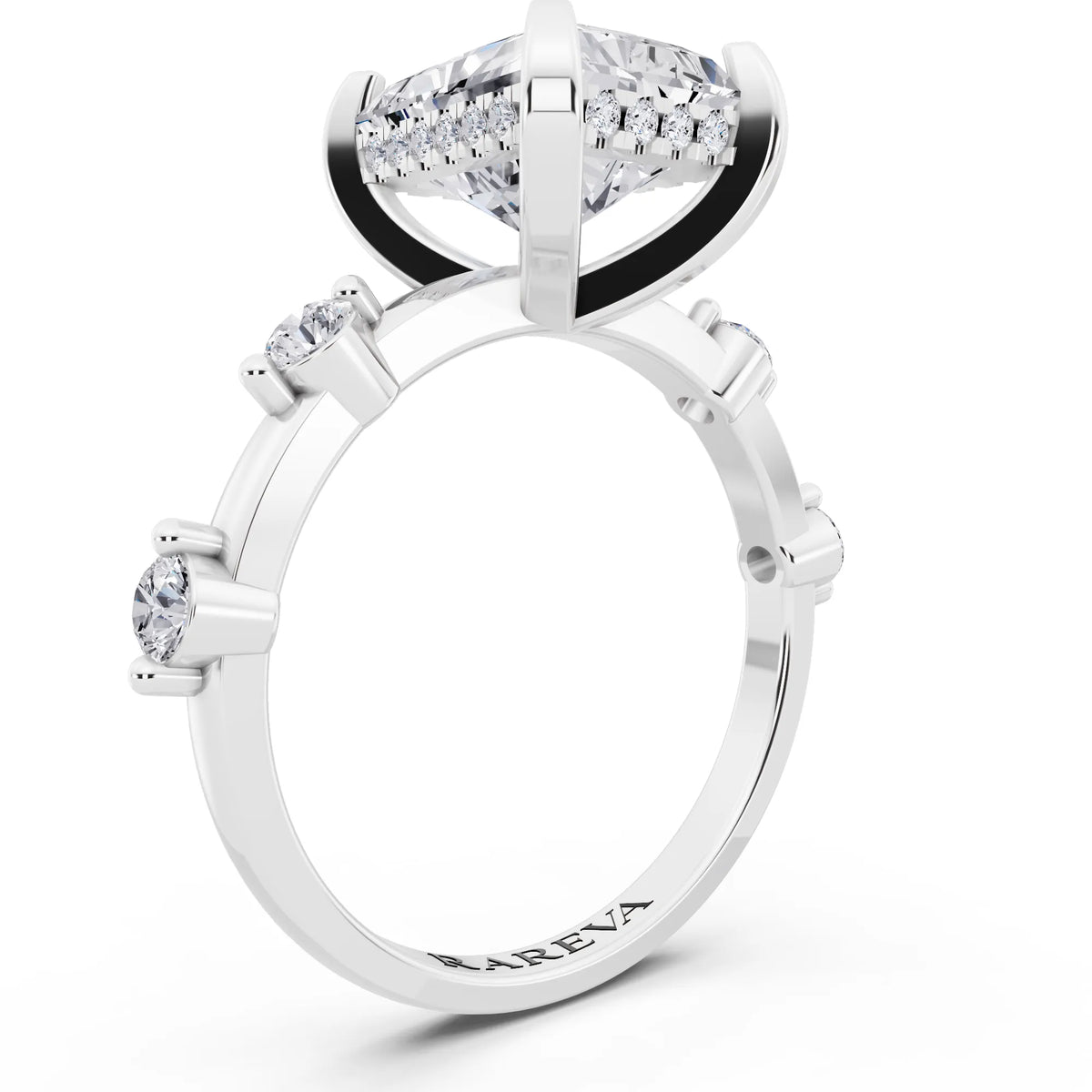 Platinum Radiant Cut Diamond Solitaire Ring with Floating Diamond Accents - top view