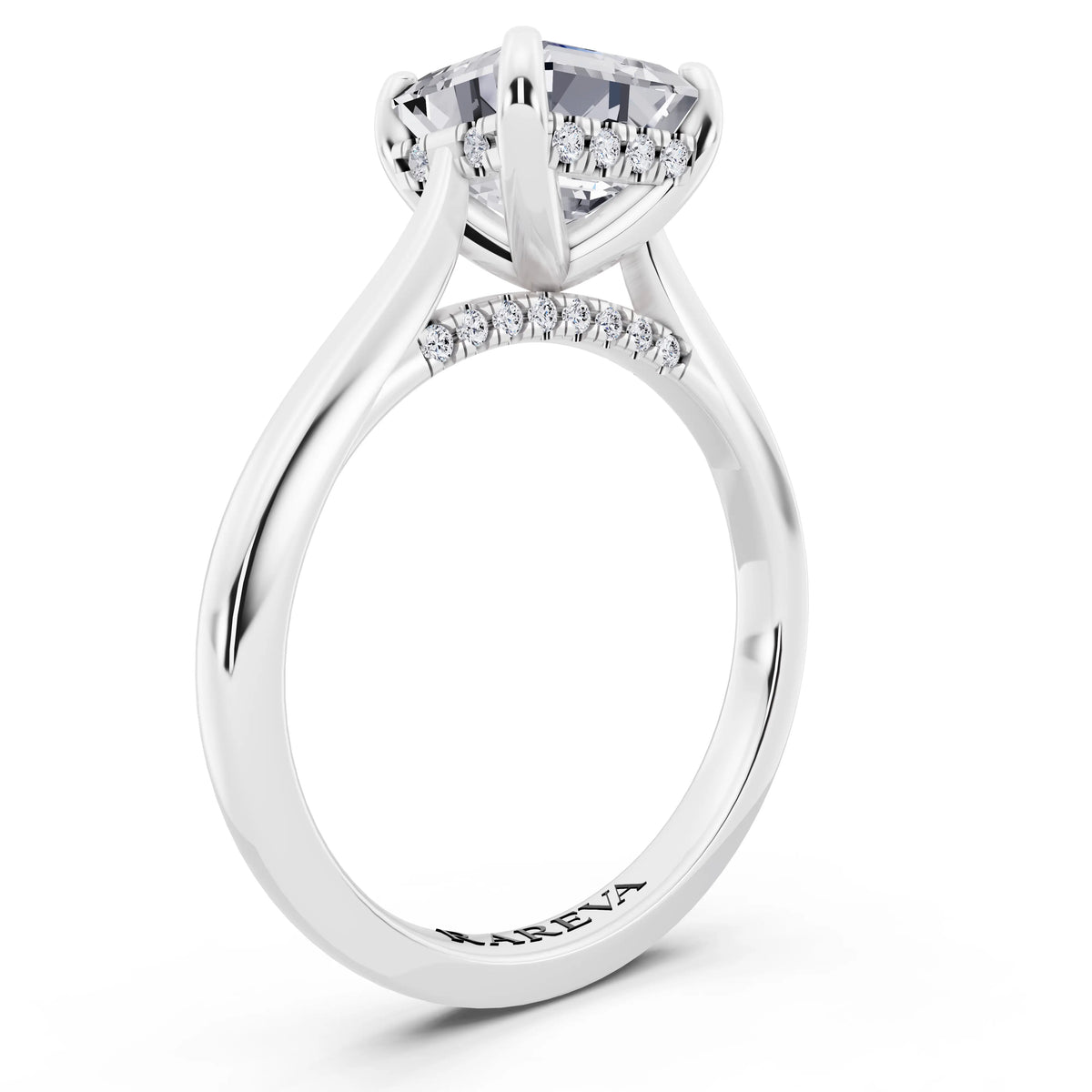 18 KT White Gold Asscher Cut Diamond Solitaire Ring with Cathedral Band - top view