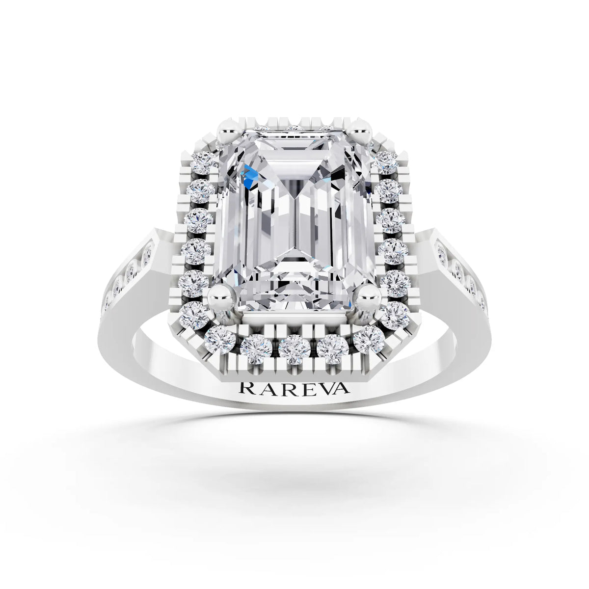 14 KT White Gold Emerald Cut Diamond Halo Ring with Bezel Accent Band - front view