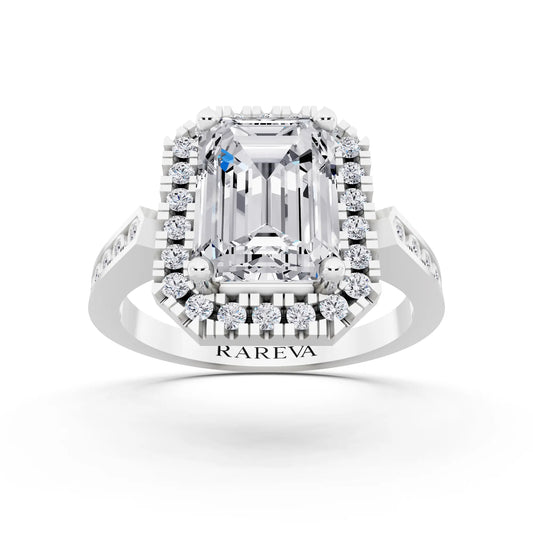 14 KT White Gold Emerald Cut Diamond Halo Ring with Bezel Accent Band - front view