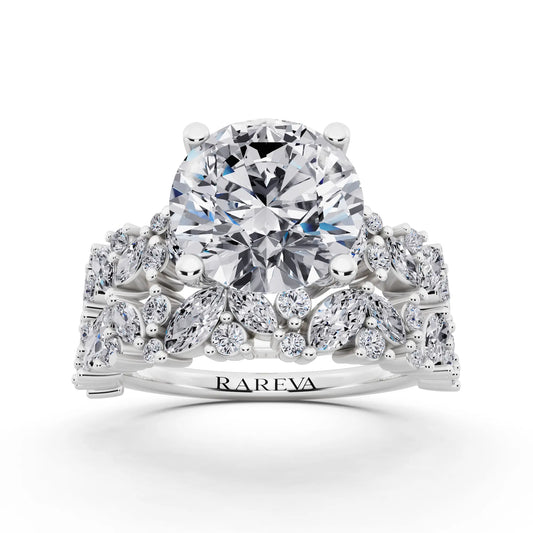 18 KT White Gold Round Cut Diamond Ring with Marquise Cluster Band - front view