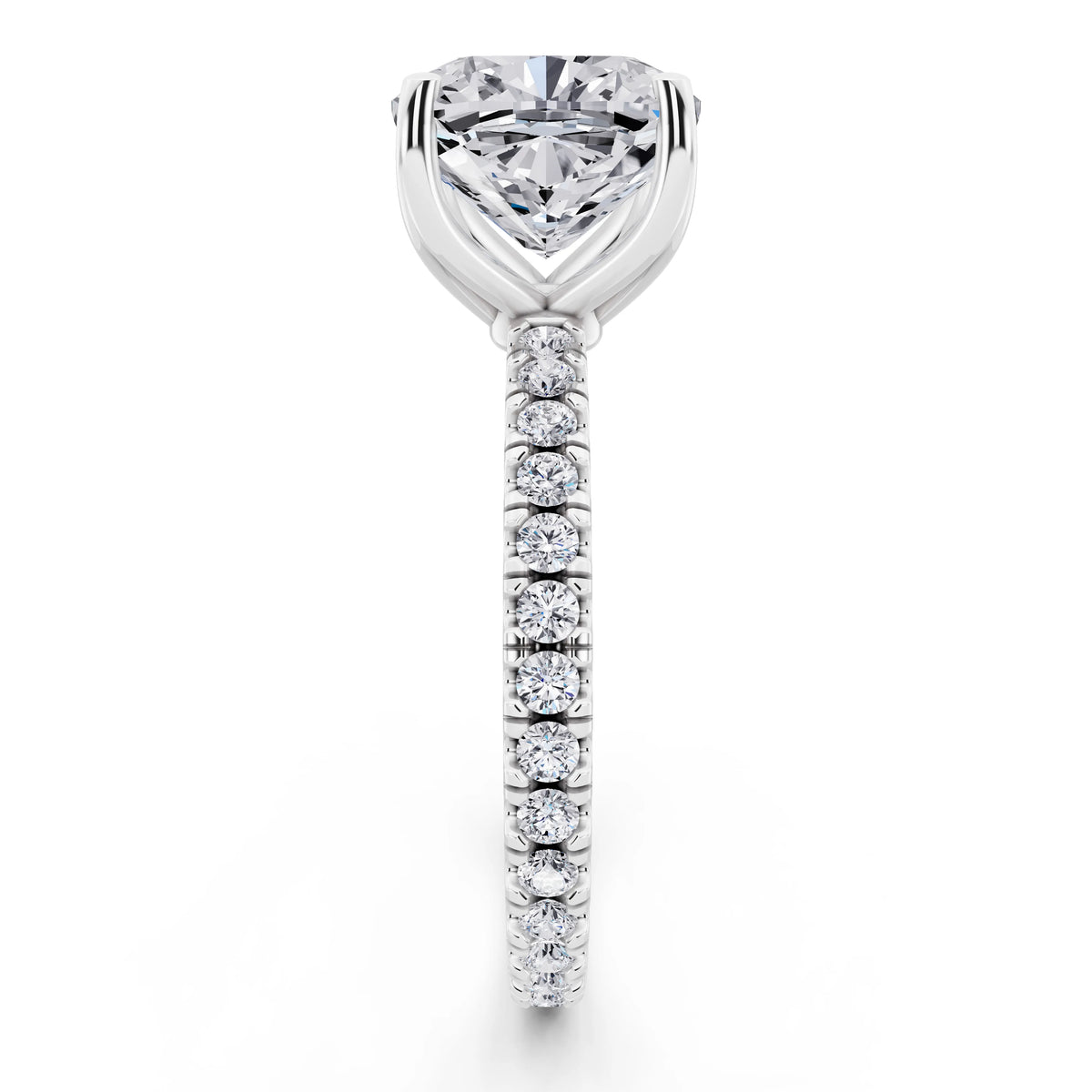 Platinum Cushion Cut Diamond Solitaire Ring with Pave Eternity Band - side view