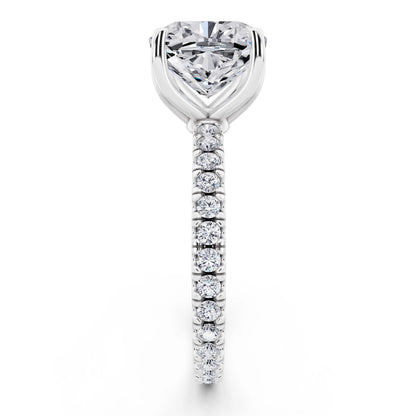 Platinum Cushion Cut Diamond Solitaire Ring with Pave Eternity Band - side view