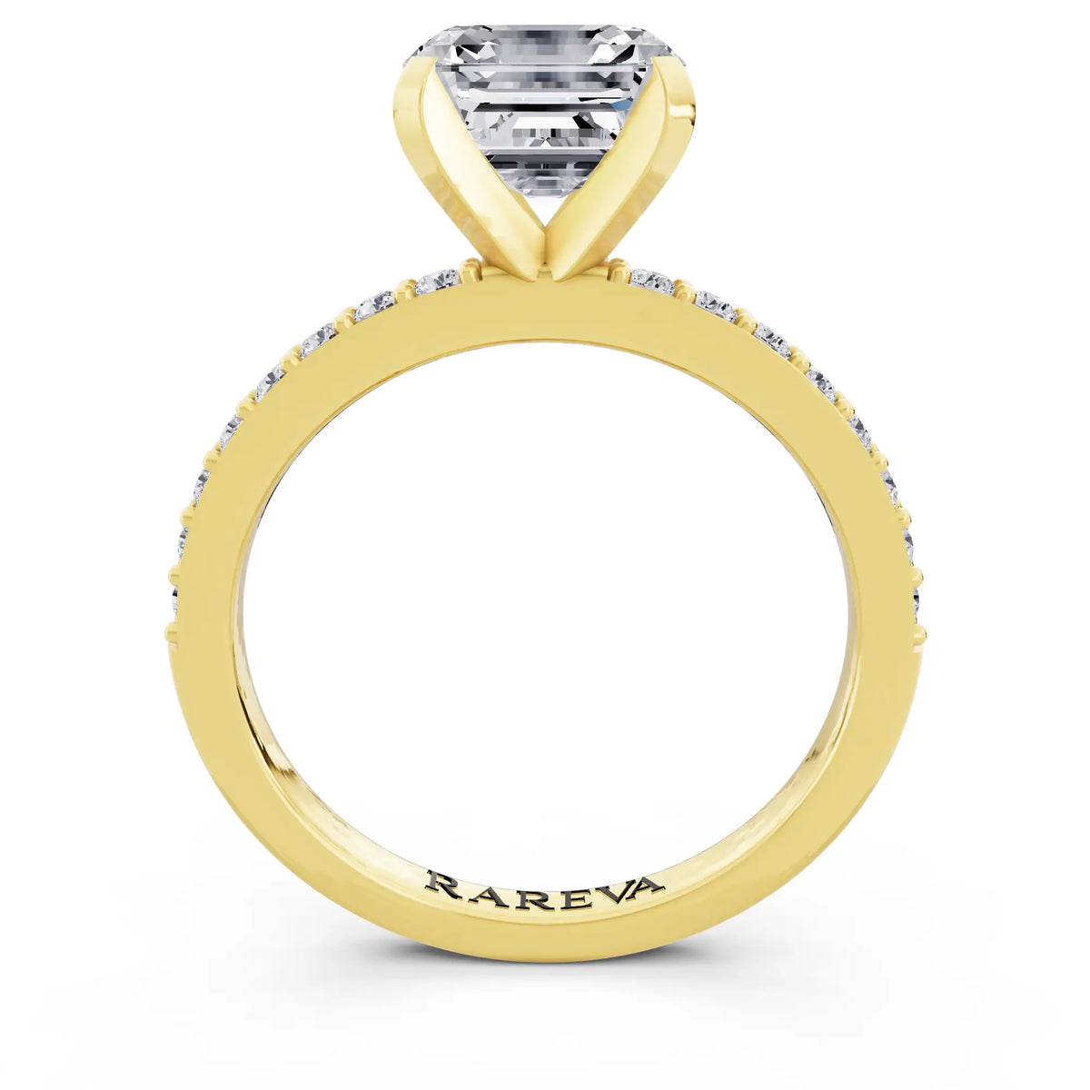 14 KT Yellow Gold Asscher Cut Diamond Solitaire Ring with Pave Shank - through finger