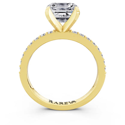 14 KT Yellow Gold Asscher Cut Diamond Solitaire Ring with Pave Shank - through finger
