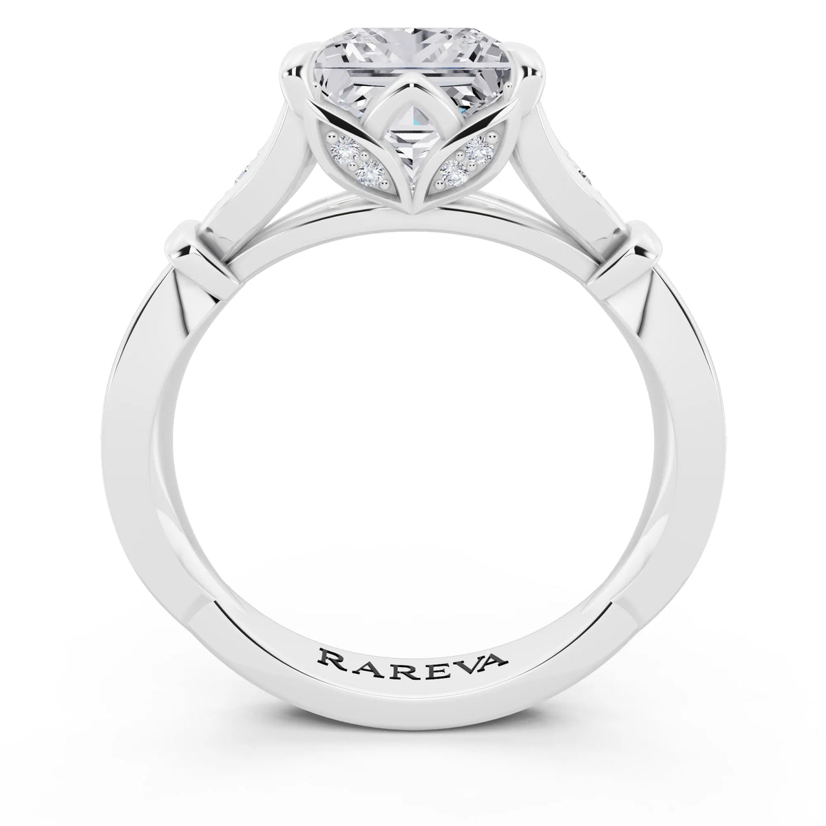 18 KT White Gold Princess Cut Diamond Ring with Lotus Collar - through finger