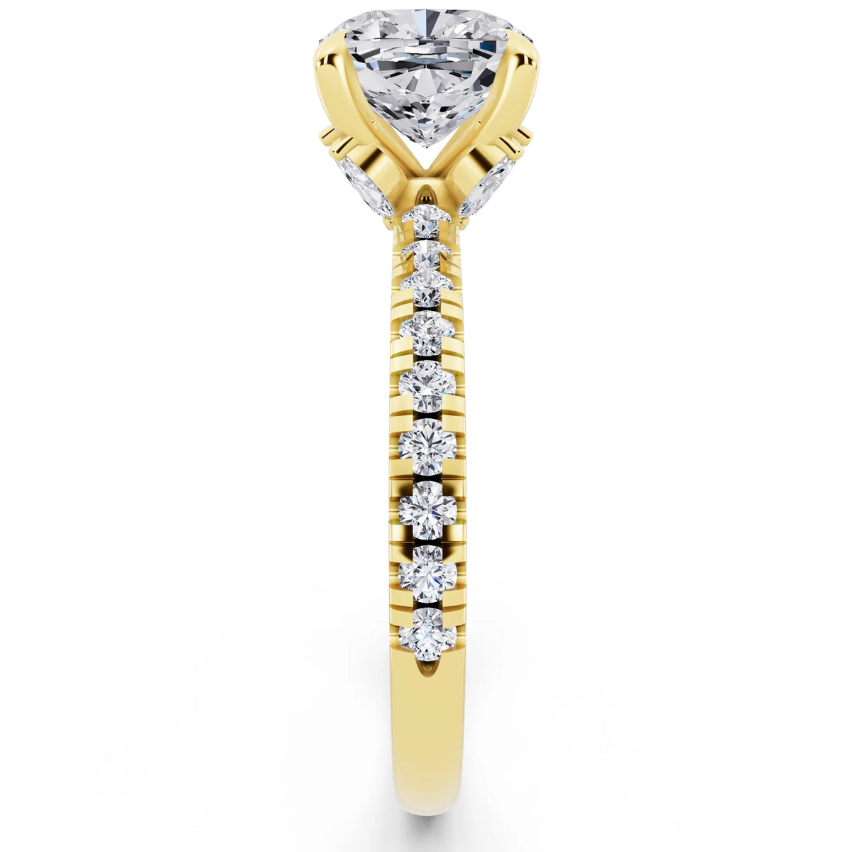 18 KT Yellow Gold Cushion Cut Diamond Solitaire Ring with Marquise Collar - side view