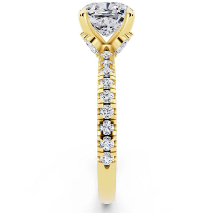 18 KT Yellow Gold Cushion Cut Diamond Solitaire Ring with Marquise Collar - side view