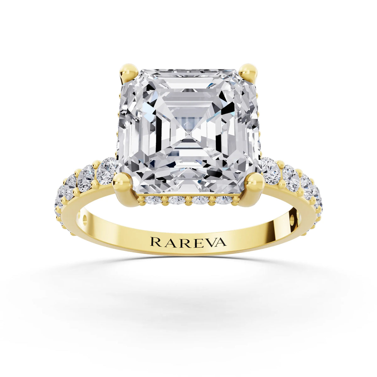 18 KT Yellow Gold Asscher Cut Diamond Solitaire Ring with Hidden Halo and Pave Band - front view