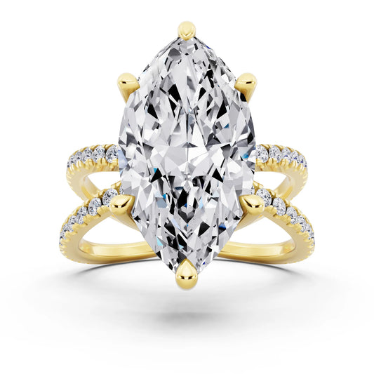 14 KT Yellow Gold Marquise Cut Diamond Ring with Twisted Split Shank - front view