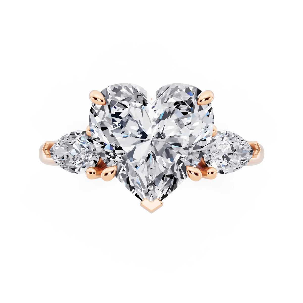 18 KT Rose Gold Heart Cut Diamond Three Stone Pear Accent Ring - top angle