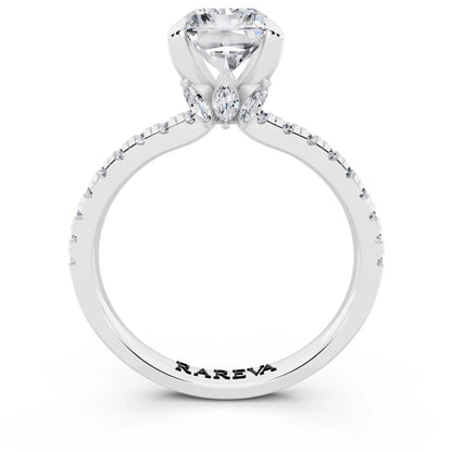 18 KT White Gold Radiant Cut Diamond Solitaire Ring with Marquise Collar - through finger