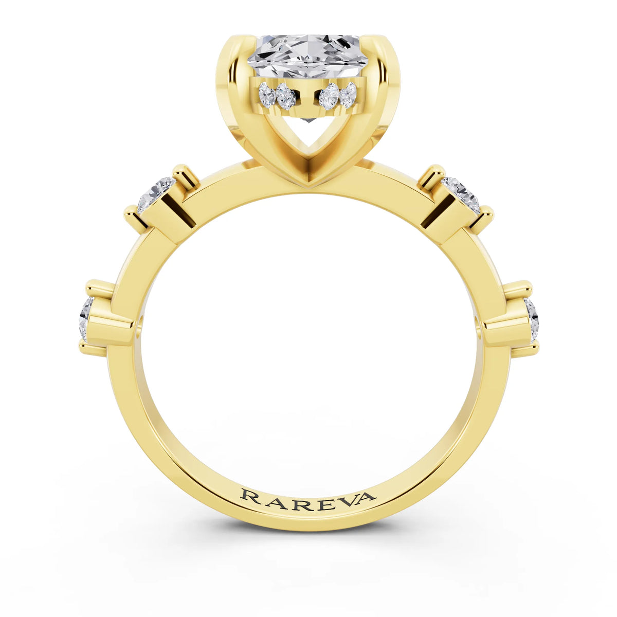 18 KT Yellow Gold Marquise Cut Diamond Solitaire Ring with Floating Diamond Accents - through finger