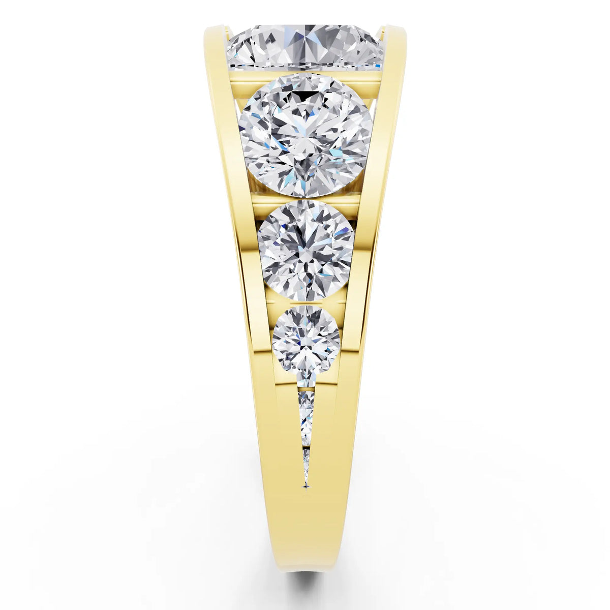 14 KT Yellow Gold Round Cut Diamond Ring with Graduated Side Stones - Side view