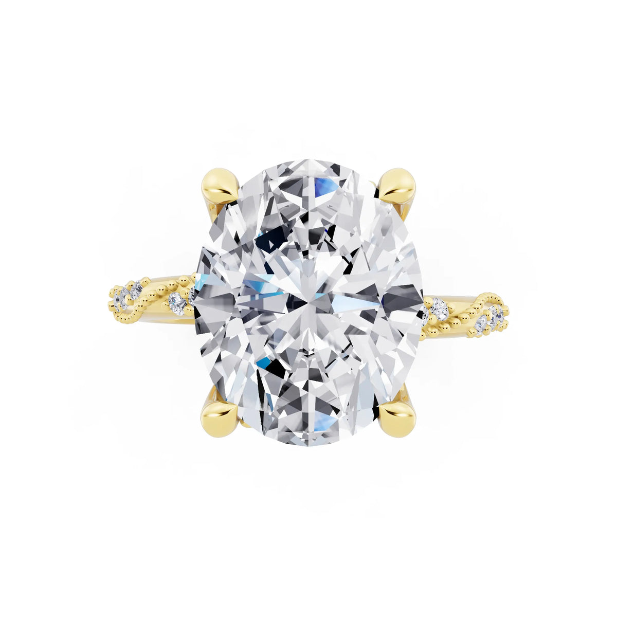 18 KT Yellow Gold Oval Cut Diamond Ring with Marquise Accent - top angle