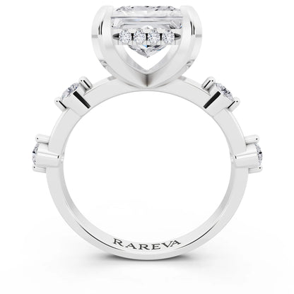 18 KT White Gold Princess Cut Diamond Solitaire Ring with Floating Diamond Accents - through finger