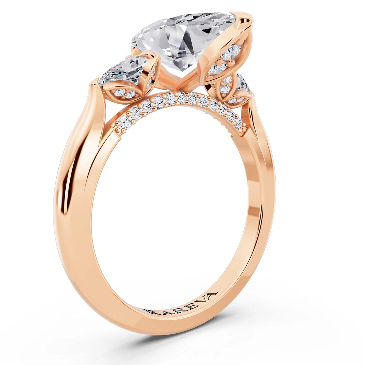 14 KT Rose Gold Marquise Cut Diamond Cluster Engagement Ring with Pear Accents and Pavé Band - top view