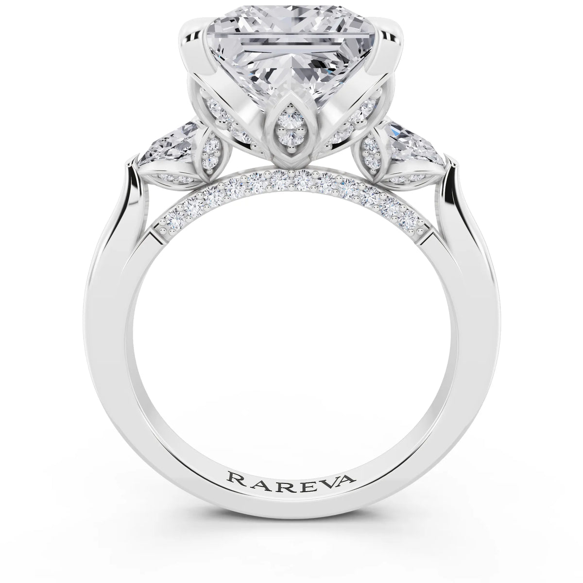 14 KT White Gold Princess Cut Diamond Cluster Engagement Ring with Pear Accents and Pavé Band - through finger