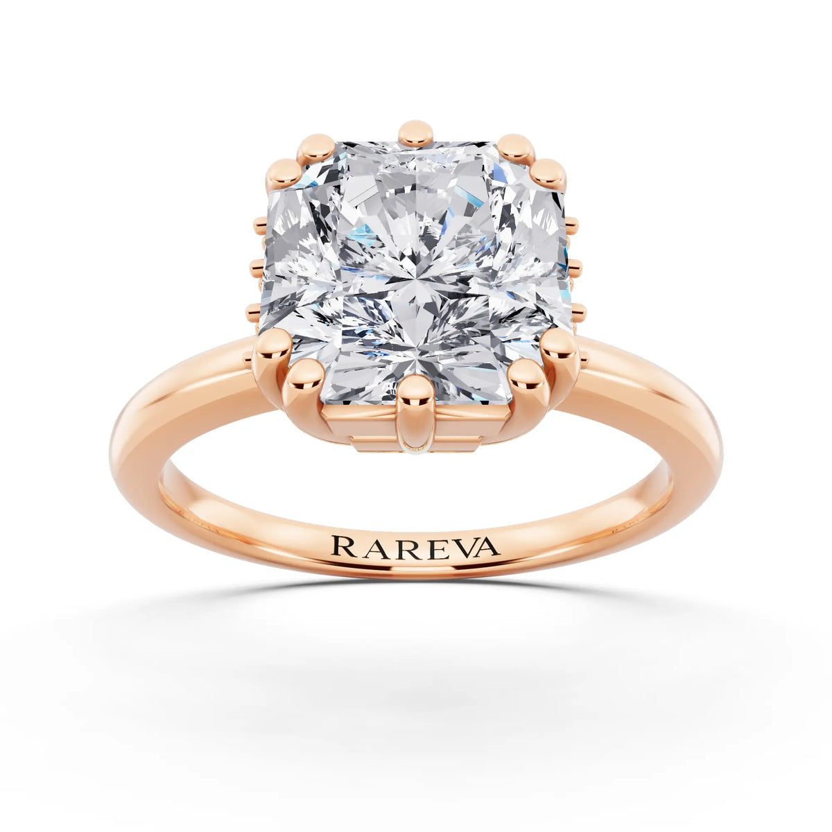 14 KT Rose Gold Asscher Cut Diamond Solitaire Ring with Hidden Accent Basket - front view