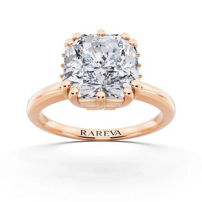 14 KT Rose Gold Asscher Cut Diamond Solitaire Ring with Hidden Accent Basket - front view