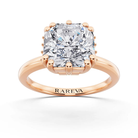 14 KT Rose Gold Asscher Cut Diamond Solitaire Ring with Hidden Accent Basket - front view
