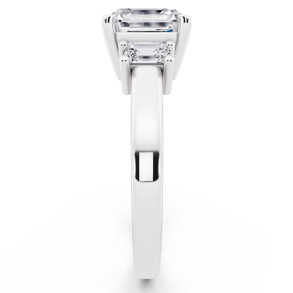 14 KT White Gold Asscher Cut Diamond Three Stone Emerald Accent Ring - side view