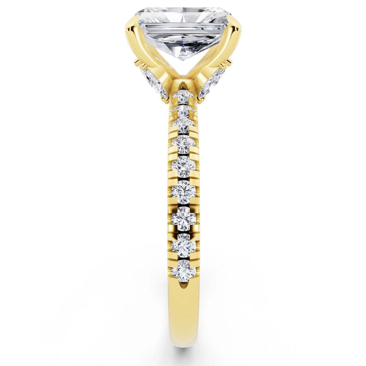 18 KT Yellow Gold Radiant Cut Diamond Solitaire Ring with Marquise Collar - side view
