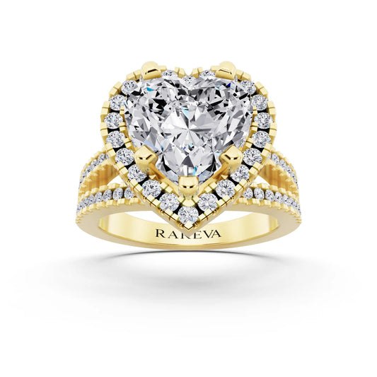14 KT Yellow Gold Heart Cut Diamond Halo Ring with Pave Split Shank - front view