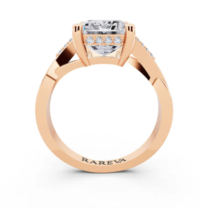 18 KT Rose Gold Emerald Cut Diamond Split Shank Engagement Ring with Hidden Halo - through finger