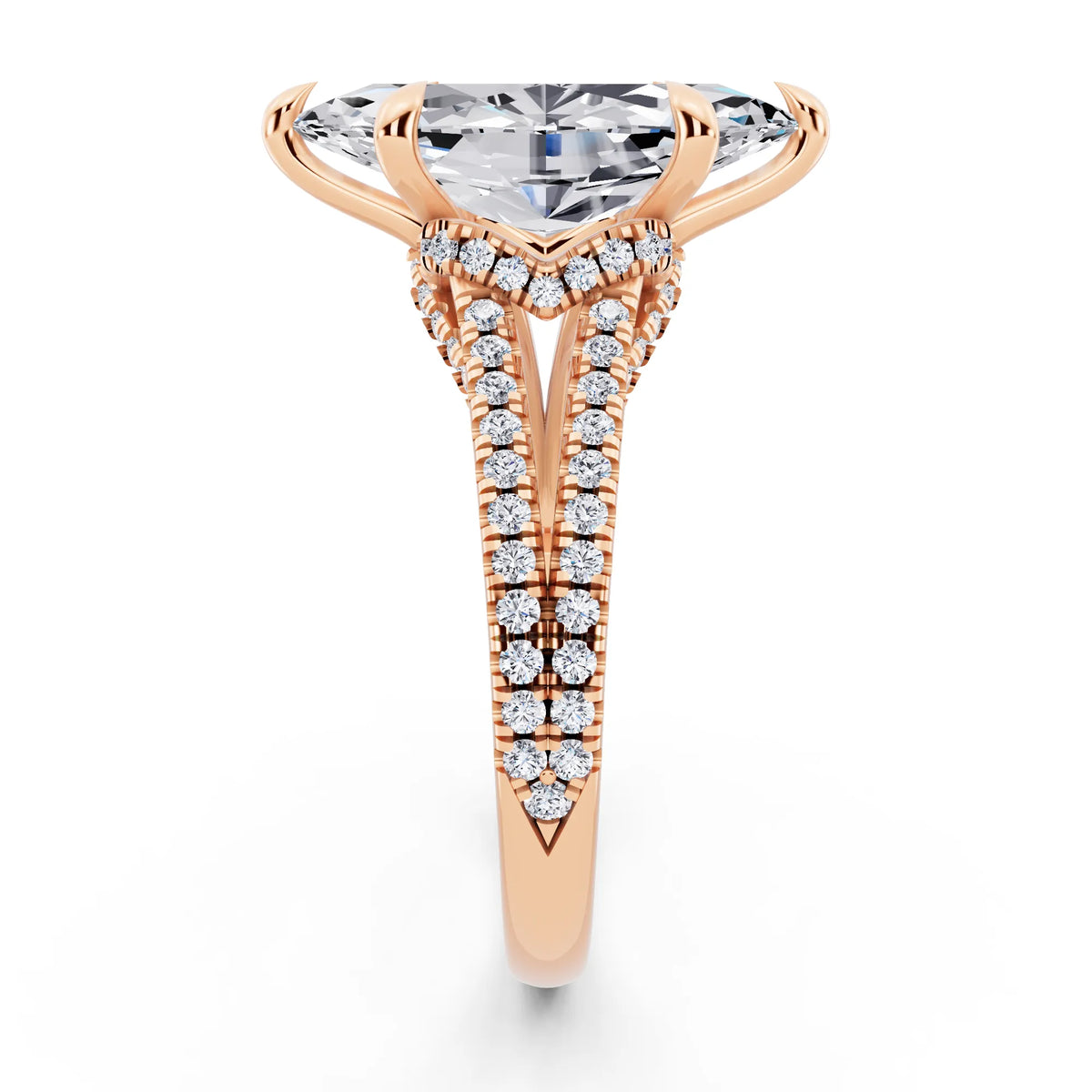 14 KT Rose Gold Marquise Cut Diamond Ring with Pavé Split Shank - side view