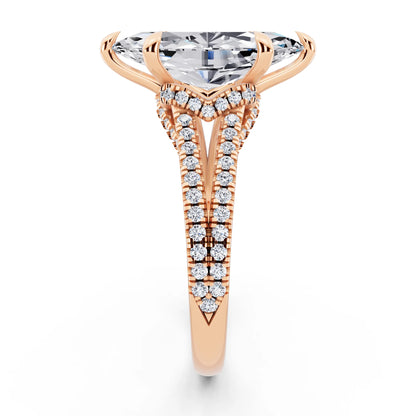 14 KT Rose Gold Marquise Cut Diamond Ring with Pavé Split Shank - side view