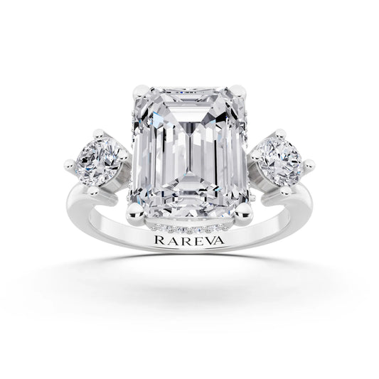18 KT White Gold Emerald Cut Diamond Three Stone Engagement Ring with Hidden Halo - front view