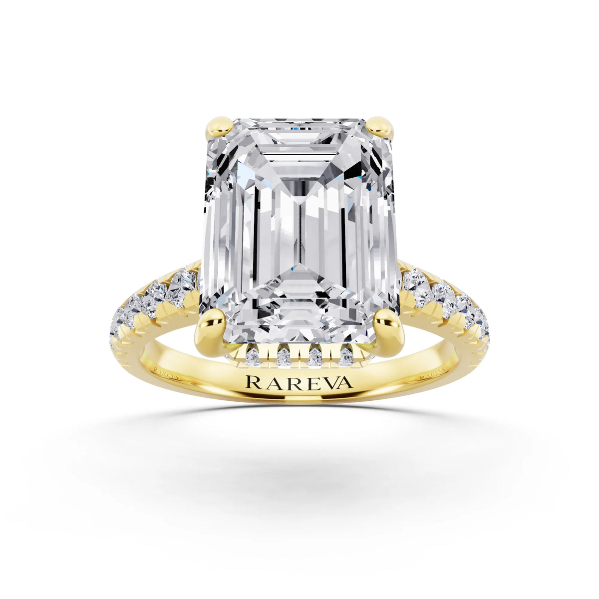 14 KT Yellow Gold Emerald Cut Diamond Ring with Hidden Halo - front view